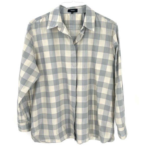 Theory Women's Classic Menswear Cotton Silk Shirt Blue Stream Button Down Top - Picture 5 of 11